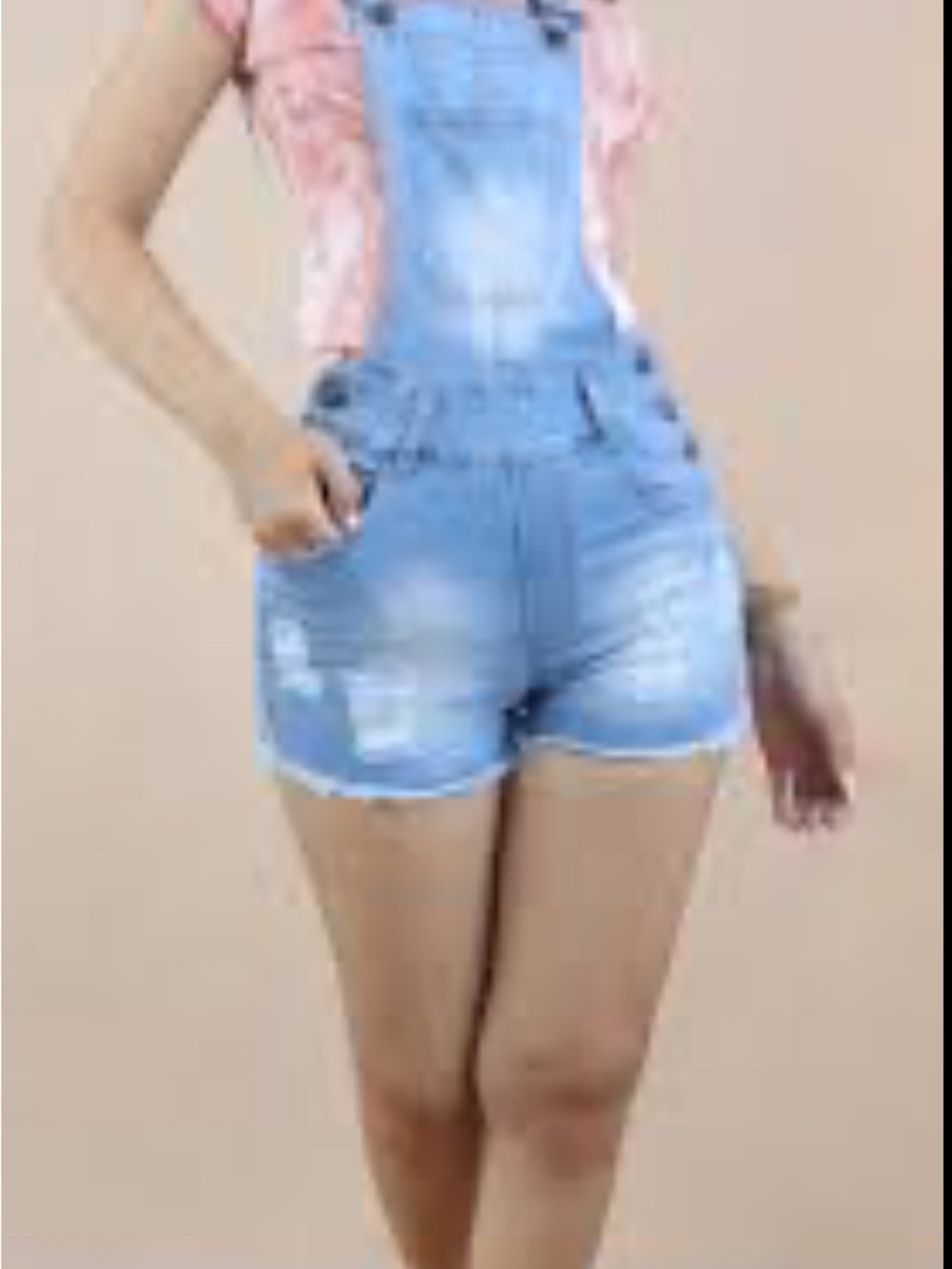 New American Bazi Light Wash Denim Short Overalls with Distressed Detail Medium